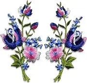 Pink blue roses pair flowers floral bouquet boho embroidered appliques iron-ons patches new