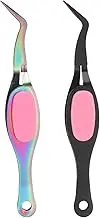 uxcell 2pcs Craft Tweezers Precision Crossing Lock Curved Stainless Steel Soft Reverse Grip Fine Tip Tweezers for DIY Craft Jewelry Beading Electronics, Black Rainbow Pink