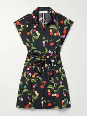 [Borgo de Nor] Borgo de Nor - Helena Tie-front Printed Cotton Mini Shirt Dress - Black - UK 14 UK 14 Black