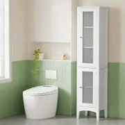 Artiss Bathroom Storage Cabinet 160cm Tall Slim Floor Cupboard Toilet Glass Door White