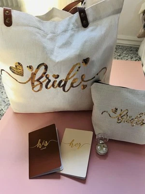 Bride Wedding Gift Set – Tote Bag, Makeup Pouch, and His & Her Vow Books