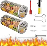 2pcs Rolling Grilling Basket Veggies Grill 9 in 1 Accessories Bbq Net Tube Tools Set Barbecue Cage Outdoor Camping Cooking Picnic Gear Must Haves Essentials Gadgets Basket for Vegetable