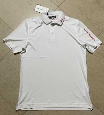 J. Lindeberg Men's Tour Tech Relaxed Fit Polo White/Red Trim Sz. Medium NWT