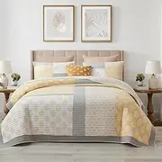 DUOHONG 100% Cotton Patchwork Quilted Bedspread Coverlet Set King Size, King Lightweight Quilt with 2 Pillow Shams, Floral Quilted Coverlet Bedding Set Bed Blanket for King Bed, Yellow/Gray