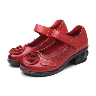 【Vecchio】真皮涼鞋 粗跟涼鞋/真皮手工立體花朵造型魔鬼粘粗跟涼鞋(紅)
