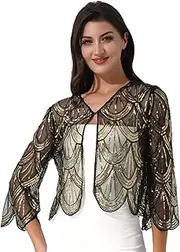 [Rswnyirn] Women 1920s Shawl Wrap Bolero Shrug Roaring 20s Sequined Cape Fringed Flapper Dress Cover Up