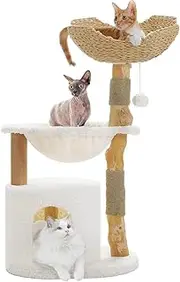 Modern Cat Tree, Natural Wood Cat Tower with Large Wicker Basket, Spacious Condo, Deep Hammock