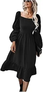 [THGJACH] Dresses Women's Summer Lantern Sleeve Square Neck Mini Dress Ruffle Swing Tunic A-Line Dress (Color : A, Size : Small)