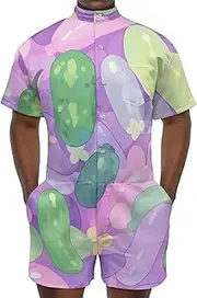 [Sipumia] Men Romper Vegetable Graphic Cucumber Printed Button Down Jumpsuit Short Sleeve 1-Piece Casual Overalls Bro Outfits