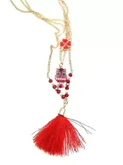 Owl Pendant Tassel Necklace Jewelry gold chain beads red children girls kids