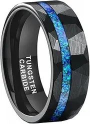 [TUTISS] 8mm Hammered Tungsten Rings for Men Women Engagement Wedding Bands Geunine Blue Opal Inlay Matte Finish Comfort Fit