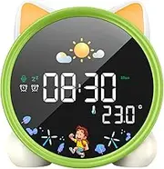LEMNOI Children's Educational Day Night Alarm Clock, Sleep Trainer Alarm Clock, 5 Bright Colours, Learning, Night Light, with Music, Double Alarm, Temperature, Snooze Function, Cat