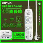 【KINYO】 35W氮化鎵3U電源分接器4開3插9尺電源線2.7M延長線(GIPD-353439)智慧快充2PD+QC3.0