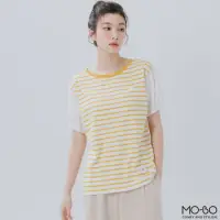 在飛比找momo購物網優惠-【MO-BO】MIT袖剪接條紋上衣