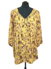 Torrid Lexie Yellow Floral Rayon Babydoll Tunic Top Hi Low Cover Up 2 2X NEW
