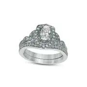 0.88 CT. T.W. Oval Natural Diamond Ornate Frame Antique Vintage-Style Bridal Engagement Ring Set in Solid 14K White Gold
