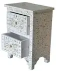 Handmade Indian Mother Of Pearl Inlay Floral 2 Drawer Bedside Table White