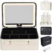 [Faquenc] Extra Large Makeup Case with LED Mirror Cosmetic Box Light up Mirror Leather Portable Makeup Artist Carry Vanity Box with Dividers Makeup Brush Holder, Leather White