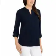 HILARY RADLEY WOMEN'S ROLLED SLEEVE BLOUSE SHIRT(NAVY, 3XL) NWT