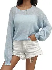 [Velius] Women Crochet Hollow Out Long Sleeve Lightweight Pullover Sweater