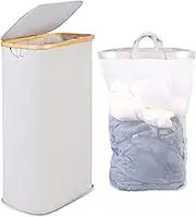 efluky Slim Laundry Hamper with Lid, Narrow Laundry Hamper with Removable Bag, Collapsible Dirty Clothes Basket with Handles for Bathroom, Bedroom & Laundry Room, 63L Light Grey