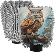 XYMZR Paint Owl Absorbent Microfiber Car Wash Mitt, Funny Cute Anime Scratch Free for Cars Cleaning, Home Cleaning Mitts, 2 Pack, 10.24” L x 7.09” W