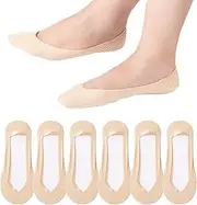 [L0famy] 6 Pairs No Show Socks Women, Invisible Boat Socks Multipack 4-7, Ultra Low Cotton Cut Liner Non Slip Sneaker Sock Ladies for Loafer Flats Boat Shoes, Beige, One size