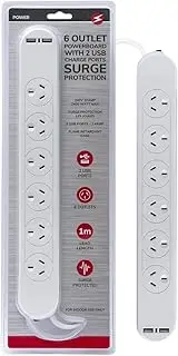Surge Protector Power Strip with 2 USB Ports, 6 Outlets Powerboard with 1M Cable, Plugd Mountable Power Strip Flat Plug with Overload Protection, Reliable SAA Approved AU (6 Outlets+2 USB Ports)