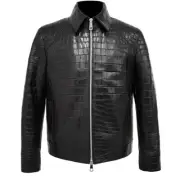 Mens Black Alligator Crocodile Pattern on genuine Lambskin leather Jacket