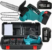 12" Chainsaw Cordless Electric Pruning Shears One-Handed Portable With 2Battery 1Charger Gloves 2Chains 1 Carry Box for Branch Wood Cutting Garden Tree Logging Trimming (Blue)