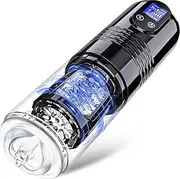 Male masturbator sex toy with 10 strong vibrations and 6 strong push in functions, sex toy pocket vaginal stimulator, 3D textured realistic sleeve cover, LCD display touch button (Black)