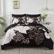 Yogeneg 7 Piece Bed in a Bag King Size Comforter Set Botanical Floral Bedding Set,White Flower Leaves Printed on Black Reversible Design,Soft Microfiber Comforter with Sheet Set,All Season(Black,King)