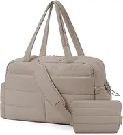 Travel Duffle Bag for Women, 31L Quilted Puffer Tote with Laptop Compartment, Lightweight Carry-On Weekender Overnight Bag with Multiple Pockets for Gym, Travel, and Daily Commute, Camel, Sport