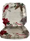 222 Fifth HOLIDAY WISHES 11" Square Dinner Plate Red Cardinal Poinsettia Set/4