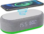 CyperEver Digital Alarm Clock with Wireless Charging, Bedside Alarm Clocks LED Display with Bluetooth Speaker, 15W Fast Charging, Temperature Display, 9 Color Mode Dimmable Night Light, 12/24h
