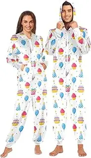 [ZZXXB] Birthday Cake Balloon Print Onesie Pajamas for Adult Women Men Long Sleeves One Piece Onesies Hooded Sleepwear S - XL