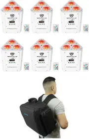 (6) Rockville RockWedge LED RGBWA+UV White Wireless DMX Battery Lights+Backpack