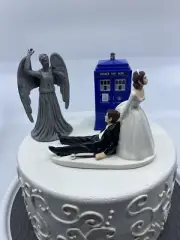 Bride and Groom Wedding cake topper W/ Dr. Who Doctor Tarsus Phone Booth / Angel