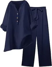 [PTOLOCIF] Women's Summer 2 Piece Outfits 2024 Casual Roll up Sleeve Button Down Shirts Wide Leg Cropped Pant Lounge Sets
