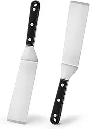 Leonyo 2 Pcs Long Narrow Metal Spatula Set, Stainless Steel Turner Flipper for Patties, Shrimps, Griddle Accessories Tools for Flat Top Cast Iron BBQ Grilling Hibachi Cooking Baking, Dishwasher Safe