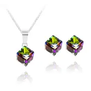 Silver Multi-Colour Crystal Cube Pendant Necklace Jewellery Set