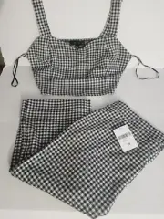 Womens Black Cream Gingham Checkered 2piece Outfit set Size 2X New Top Pants