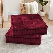 Sweet Home Collection Floor Pillow Large Square Tufted Decorative Cushion. Faux Velvet Fabric Ultra Thick Fill for Kids and Adults, 2 Pack, Burgundy Red 2 Count