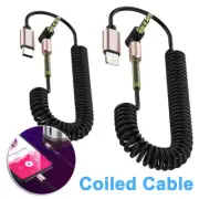 Right Angled USB C / iOS to 3.5mm Coiled Audio Cord Headphone Stereo Car Cable