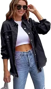 [ZPLxi] Women's Long Sleeve Button Down Denim Jacket with Pockets Y2K Trend Cut-out Tassel Broken Hole Fashion Jean Coat for Girls 2023