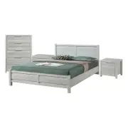 4 Pieces Bedroom Suite Natural Wood Like MDF Structure Queen Size White Ash Colour Bed, Bedside Table & Tallboy