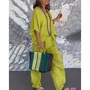 Women's Active Cotton Linen Sets Blouse Pants Sets Half Sleeve V Neck Solid Color Outdoor Vacation Black Green Light Grey Summer Regular Fit