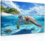 SWQYLB Sea Turtle Pictures Bathroom Wall Art Turtle Beach Canvas Poster Ocean Animal Painting Prints Coastal Nautical Artwork for Kid Room Decor Framed (Blue, 12.00" x 18.00")
