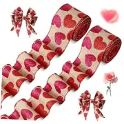 2 Roll 20 Yards Glitter Hearts Wired Edge Burlap 2.5 In Natural, Red, Pink