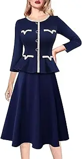 [VFSHOW] Womens 2024 Fall Work Business Dresses Buttons Peplum Office Slimming Crew Neck Patchwork A-Line Fit and Flare Dress